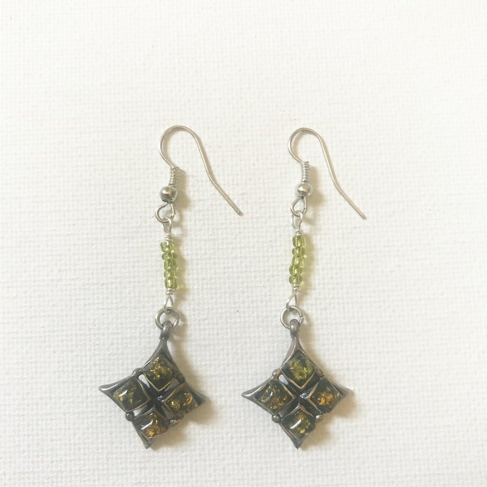 Green Amber Sterling Silver Earrings Lime Glass Beaded Gemstone Boho crystal